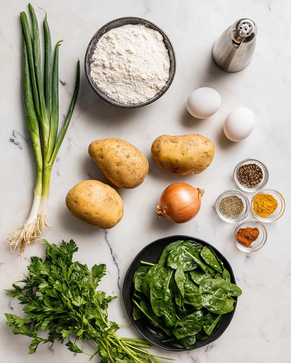 The image shows cooking ingredients neatly arranged on a white marbled surface. There are three whole potatoes, two white eggs, a whole onion, and a bunch of fresh green parsley at the bottom. To the left, four long green onions lie next to a bowl filled with white flour. On the right side, a black bowl contains fresh green spinach leaves, and nearby is a small plate holding a variety of spices—salt, peppercorns, paprika, turmeric, and garlic powder. A stainless steel oil bottle is also visible on the top right. photo taken with an iphone --ar 4:5 --v 7