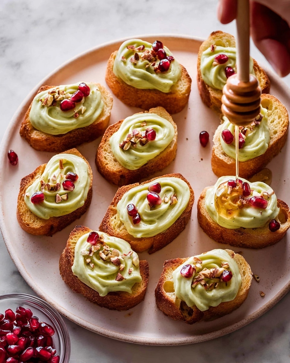 The image shows eight pieces of toasted bread arranged neatly on a large white plate set on a white marbled surface. Each piece of bread is topped with a thick, pale green cream that is swirled smoothly in elegant waves. Scattered over the cream are small red pomegranate seeds and tiny bits of chopped nuts, adding contrasting color and texture. A woman's hand is holding a wooden honey dipper above one toast, with honey slowly dripping onto the green cream, giving a glossy shine to the topping. Near the plate, a small glass bowl filled with more bright red pomegranate seeds is visible. photo taken with an iphone --ar 4:5 --v 7