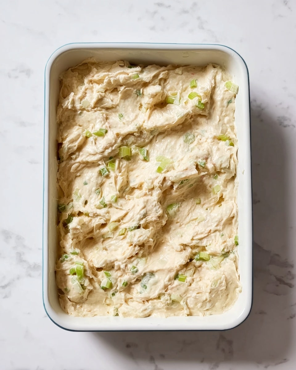 The image shows a rectangular white ceramic dish filled with a single layer of creamy salad mixture. The salad is light beige with small pieces of green celery scattered throughout, giving a slightly chunky texture. The surface is uneven with soft peaks and slight ridges, showing the mixed ingredients clearly. The dish is placed on a white marbled surface. Photo taken with an iphone --ar 4:5 --v 7