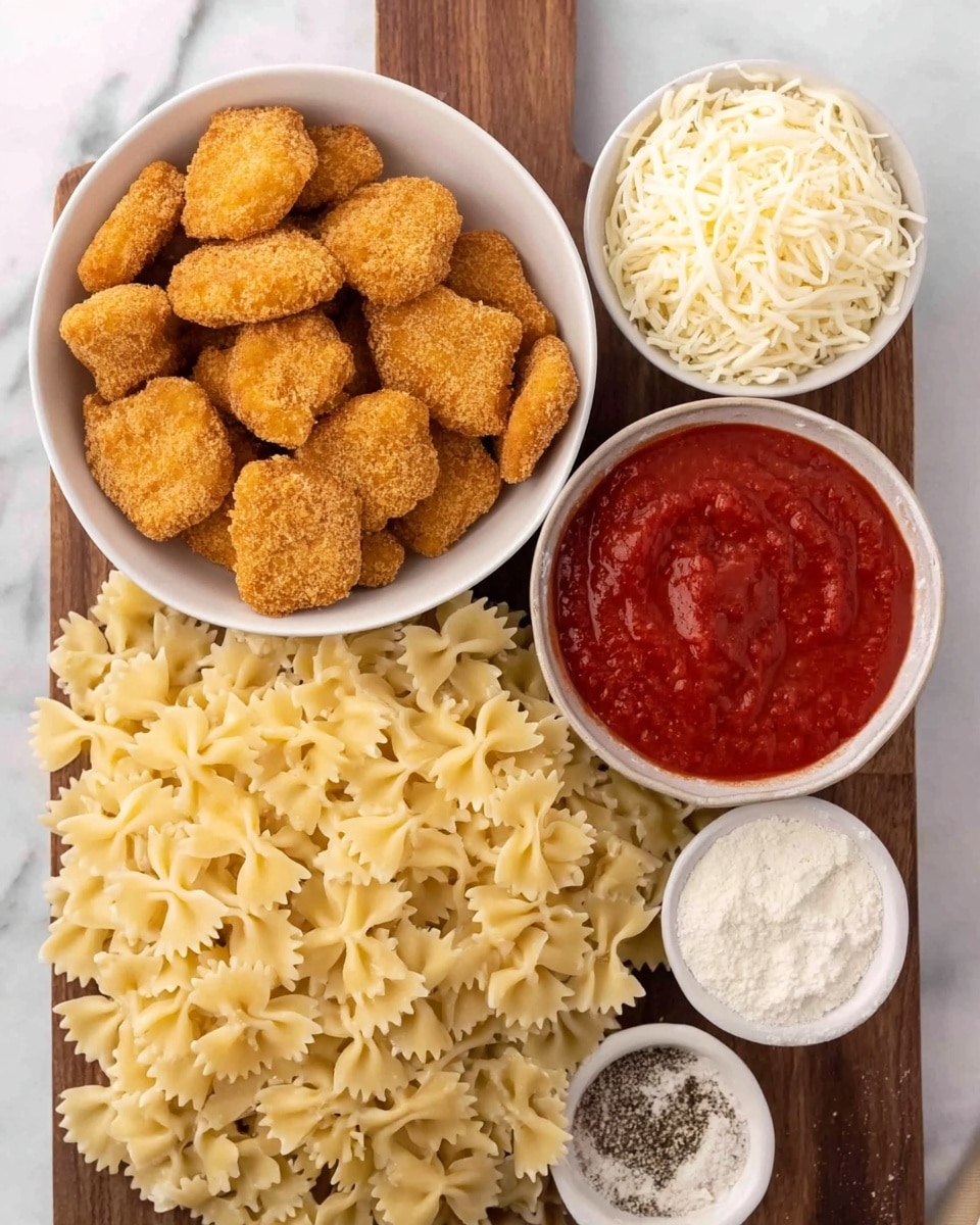 The image shows a wooden board placed on a white marbled surface, holding several cooking ingredients arranged neatly. In the bottom half, there is a large pile of uncooked farfalle pasta with a pale yellow color and a bow-tie shape. Above the pasta, a white bowl filled with small, breaded chicken nuggets with a golden-brown crispy texture is positioned to the left. To the right of the chicken nuggets, a white bowl contains bright red marinara sauce with a smooth consistency. Above the sauce, there is a mound of shredded mozzarella cheese with a soft, stringy texture and an off-white color. Next to it, two small white bowls hold dry ingredients: one with a pale white powder, likely flour, and the other with a mix of salt and pepper. Photo taken with an iphone --ar 4:5 --v 7