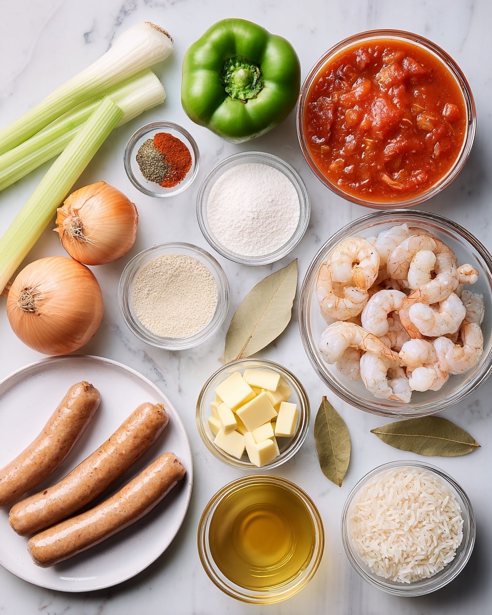 The image shows ingredients arranged on a white marbled surface for a meal, including four light brown sausages on a white plate in the bottom left; beside them are two light green celery sticks, a brown onion, and a small bowl of reddish-brown seasoning. Above the sausages is a small clear bowl of white flour and another with white salt, next to a small clear bowl of mixed black pepper. To the right of these is a clear bowl of raw shrimp, and above that a larger clear bowl filled with chunky red tomato sauce. Near the top right is a small clear bowl of white rice and two cloves of garlic in a tiny clear bowl. A green bell pepper sits centrally near the top with three pale green spring onions above it. Near the top left is a clear bowl with yellow butter cubes and next to it a large clear container of light brown broth. A single dried bay leaf is placed near the center. Photo taken with an iphone --ar 4:5 --v 7
