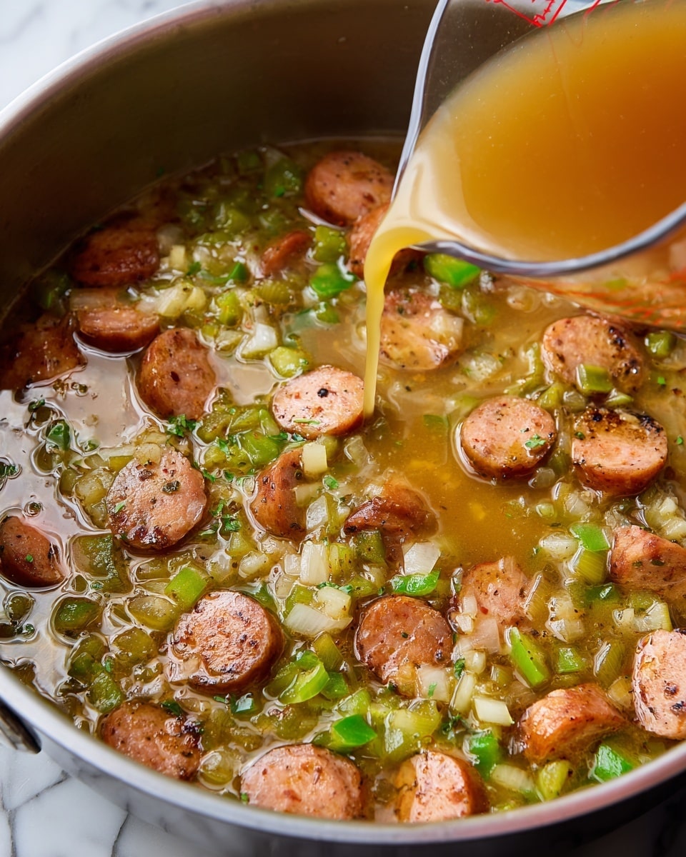 A metal pan filled with round slices of browned sausage mixed with small, chopped green peppers and onions, all sitting in a golden broth; a clear measuring cup is pouring more light brown liquid into the pan, creating a shiny, wet surface over the ingredients. The background and surface are white marble. Photo taken with an iphone --ar 4:5 --v 7