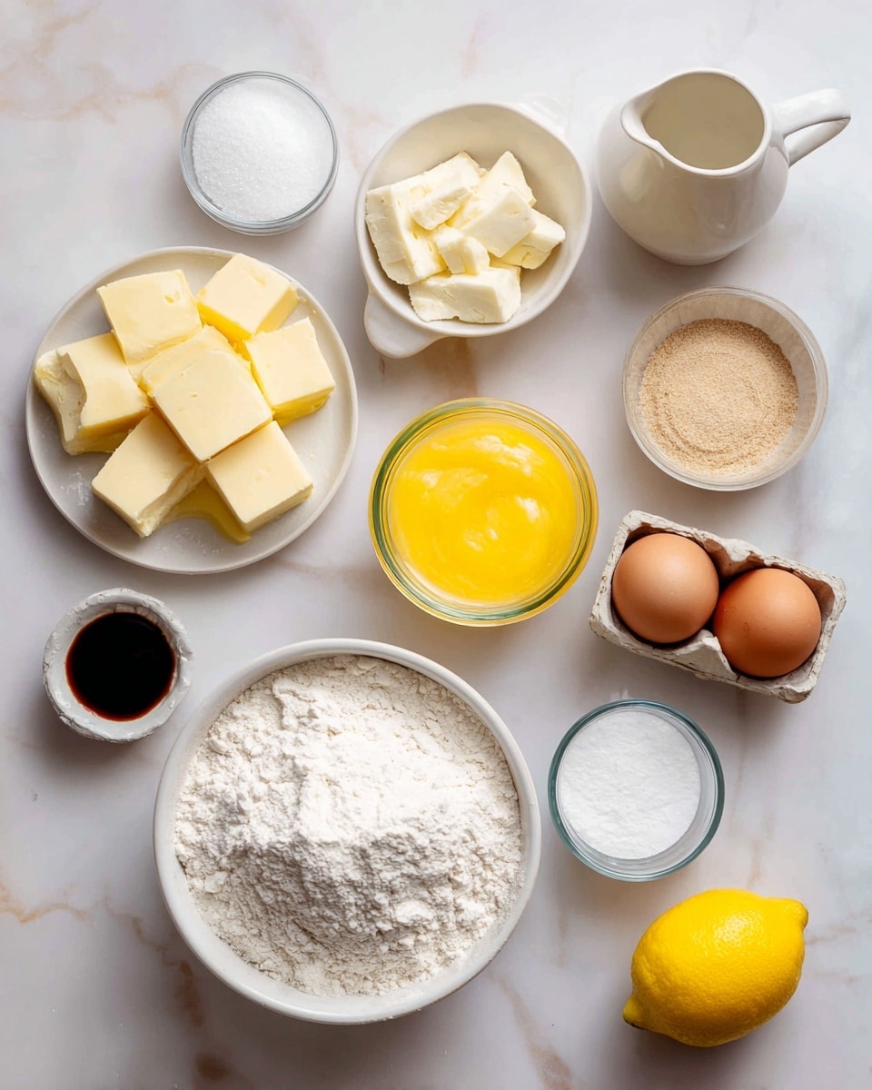 The image shows several ingredients arranged neatly on a white marbled surface. In the center bottom, there is a large white bowl filled with white flour. Above that, a white round dish holds several cubes of light yellow butter. To the right of the butter dish, there is a small glass jar filled with bright yellow lemon curd, next to which is a small white cup containing white powdered sugar. Above the powdered sugar sits a white ceramic jug with light cream inside. To the left of the butter dish, there is a small glass cup with dark brown vanilla extract and a small glass container filled with light brown yeast. Near the top right corner, a white egg carton holds two brown eggs. A bright yellow lemon is placed near the center left, next to a small clear container of white sour cream. At the bottom right is a small clear cup with white cornstarch. The arrangement is clean and bright with natural light, photo taken with an iphone --ar 4:5 --v 7