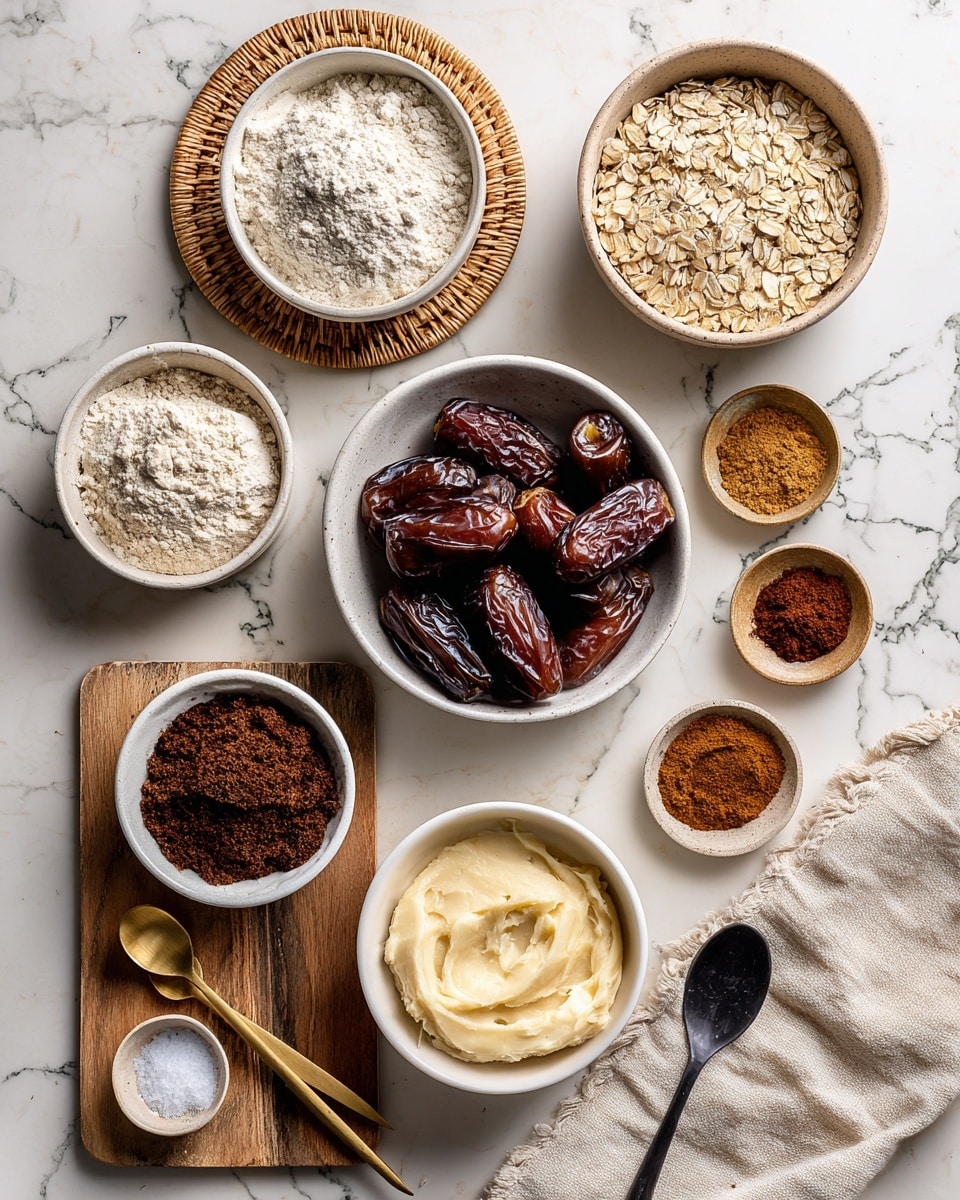 The image shows various baking ingredients arranged on a white marbled surface. In the center, there is a white bowl filled with brown dates, shiny and smooth. Next to it at the top right is a beige cup filled with light-colored oats. Just below the oats is a white bowl with fine oat flour, pale gray in color. At the top left, a white cup on a woven mat holds white gluten-free flour. Below the dates, a white bowl on a wooden board contains dark brown sugar with a coarse texture. To the right, three golden spoons hold cinnamon, allspice, and ginger powders in dark brown and light brown shades, placed on the white surface. At the bottom right, a white bowl is filled with creamy pale-yellow vegan butter. A dark spoon filled with salt lies on the white surface near a folded beige cloth. Photo taken with an iphone --ar 4:5 --v 7