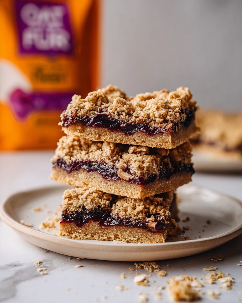 The image shows a stack of three square oat bars on a white plate, placed on a white marbled surface. Each bar has three visible layers: the bottom layer is a light golden-brown crumbly oat crust, the middle layer is a thick, dark purple fruit filling, and the top layer is a golden-brown oat crumble with chunks and small pieces giving it a rough texture. The bars look dense and packed with oats, with some oat crumbs scattered on the plate and surface around them. In the background, there is an orange and purple bag of oat flour that is slightly blurred. Photo taken with an iphone --ar 4:5 --v 7