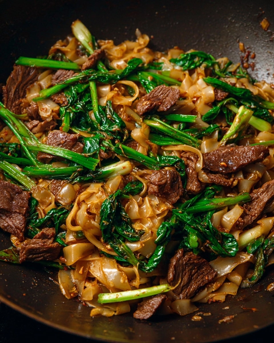 The image shows a stir-fry dish in a dark pan, featuring three main layers. The bottom layer has wide, flat, slightly shiny noodles in light brown color, spread throughout. On top and mixed within are bright green leafy vegetables and stalks, adding fresh contrast. Scattered around are medium-sized pieces of cooked beef, dark brown with a bit of a crispy texture. The whole dish looks rich with sauce, giving the noodles and meat a glossy look. photo taken with an iphone --ar 4:5 --v 7