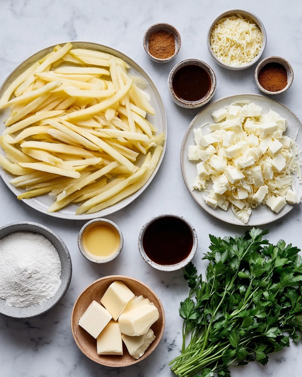 The image shows many ingredients arranged flat on a white marbled surface. On the left, there is a white plate piled with long, pale yellow potato sticks. Below the plate of potatoes, there is a small gray bowl with white flour and a small wooden bowl with white butter cubes. To the right of the potatoes, there is a white plate filled with small, white cheese chunks. Surrounding these plates, there are small cups and bowls with different sauces and powders in dark brown, light brown, and yellowish colors, as well as a bundle of fresh green parsley on the far right. The colors and textures are simple and natural, all clearly spaced out. Photo taken with an iphone --ar 4:5 --v 7