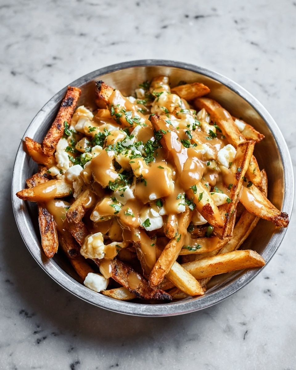 A round silver metal bowl holds a dish of about three layers: the bottom layer is crispy golden-brown fries with some darker char marks, the middle layer is small white cheese curds scattered unevenly, and the top layer is a smooth light brown gravy drizzled over the fries and cheese. Bright green chopped parsley is sprinkled on top, adding color contrast. The bowl sits on a white marbled surface. Photo taken with an iphone --ar 4:5 --v 7