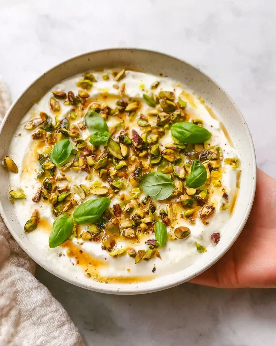 The dish is served in a round white bowl on a white marbled surface. It has a smooth creamy white base layer, topped with a layer of chopped pistachios scattered unevenly across the surface, adding green and brown colors with a crunchy texture. Small green basil leaves are placed on top, spread out and adding fresh color. There is a drizzle of amber-colored honey over everything, giving a shiny touch and slight gloss. The overall look is fresh and colorful with a mix of soft and crunchy textures. A woman's hand holds the bowl softly from the side. Photo taken with an iphone --ar 4:5 --v 7