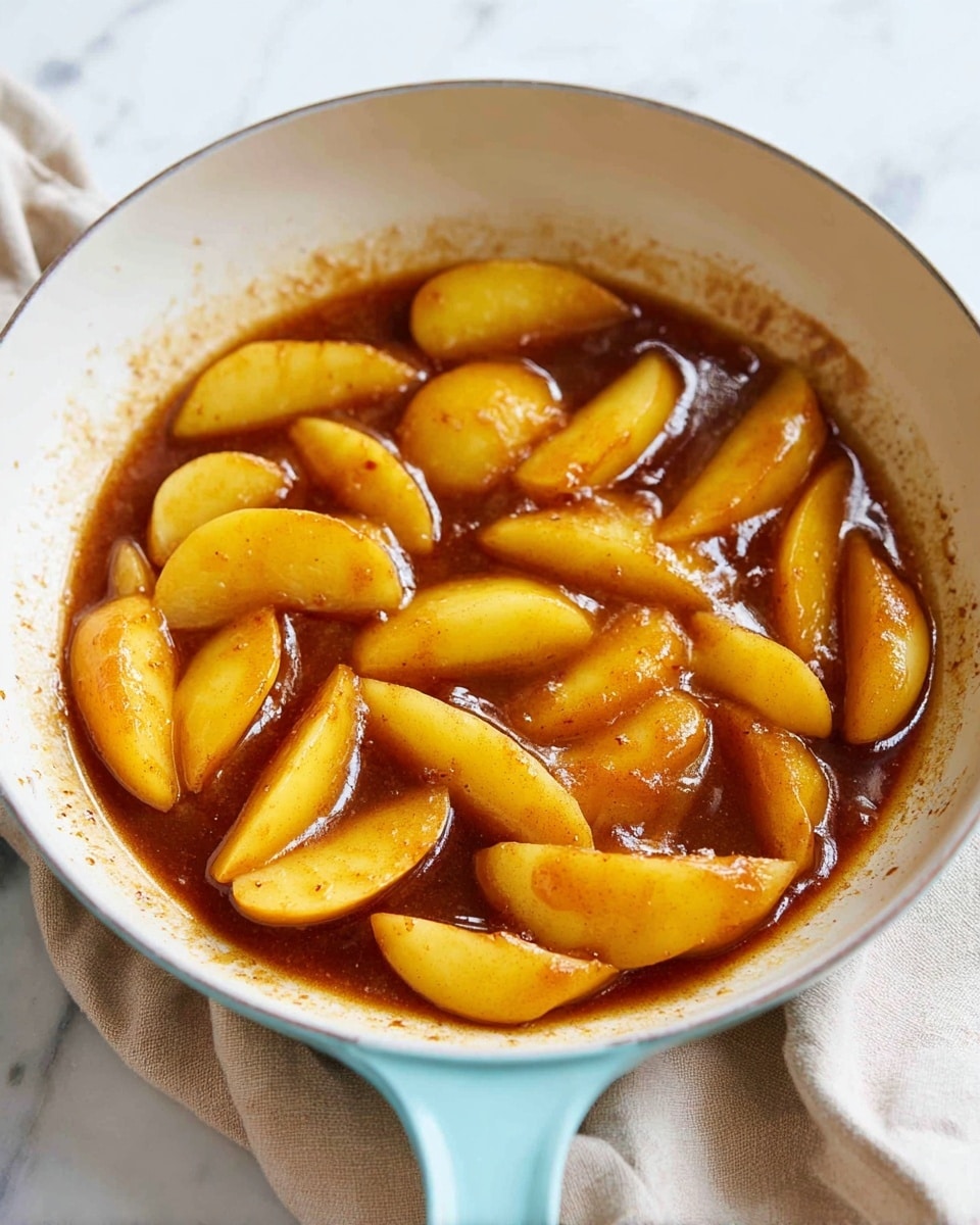 A white pan with a light blue handle holds soft yellow apple slices cooked in a dark brown cinnamon sauce. The apple slices are shiny and coated evenly with the sauce, showing slight caramelization on some edges. The pan sits on a white marbled surface with a beige cloth partially visible behind the handle. The sauce is thick and glossy, pooling around the apple slices that float gently. The image is clear and bright. photo taken with an iphone --ar 4:5 --v 7
