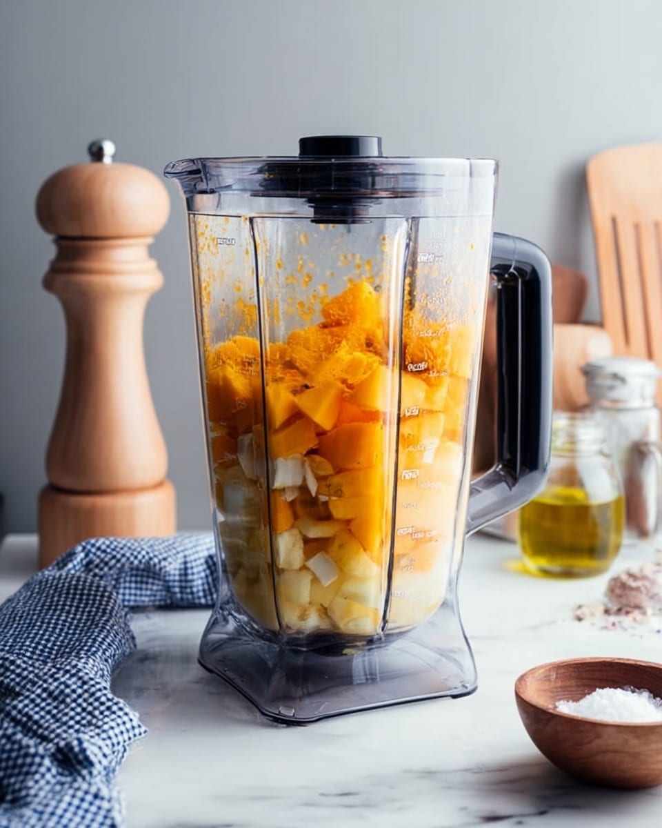 A clear blender jar filled with three layers of ingredients: the bottom layer is a mix of light yellow chunks and small white pieces, the middle layer is mostly bright orange-yellow chunks, and the top layer has some floating pieces of the same yellow-orange color. The blender jar has a black handle on the right side and sits on a white marbled surface. To the left of the blender is a light wooden pepper mill and a blue and white checkered cloth, and to the right is a small glass jar with oil and a wooden bowl with salt. The background is soft gray with some kitchen items faintly visible. photo taken with an iphone --ar 4:5 --v 7