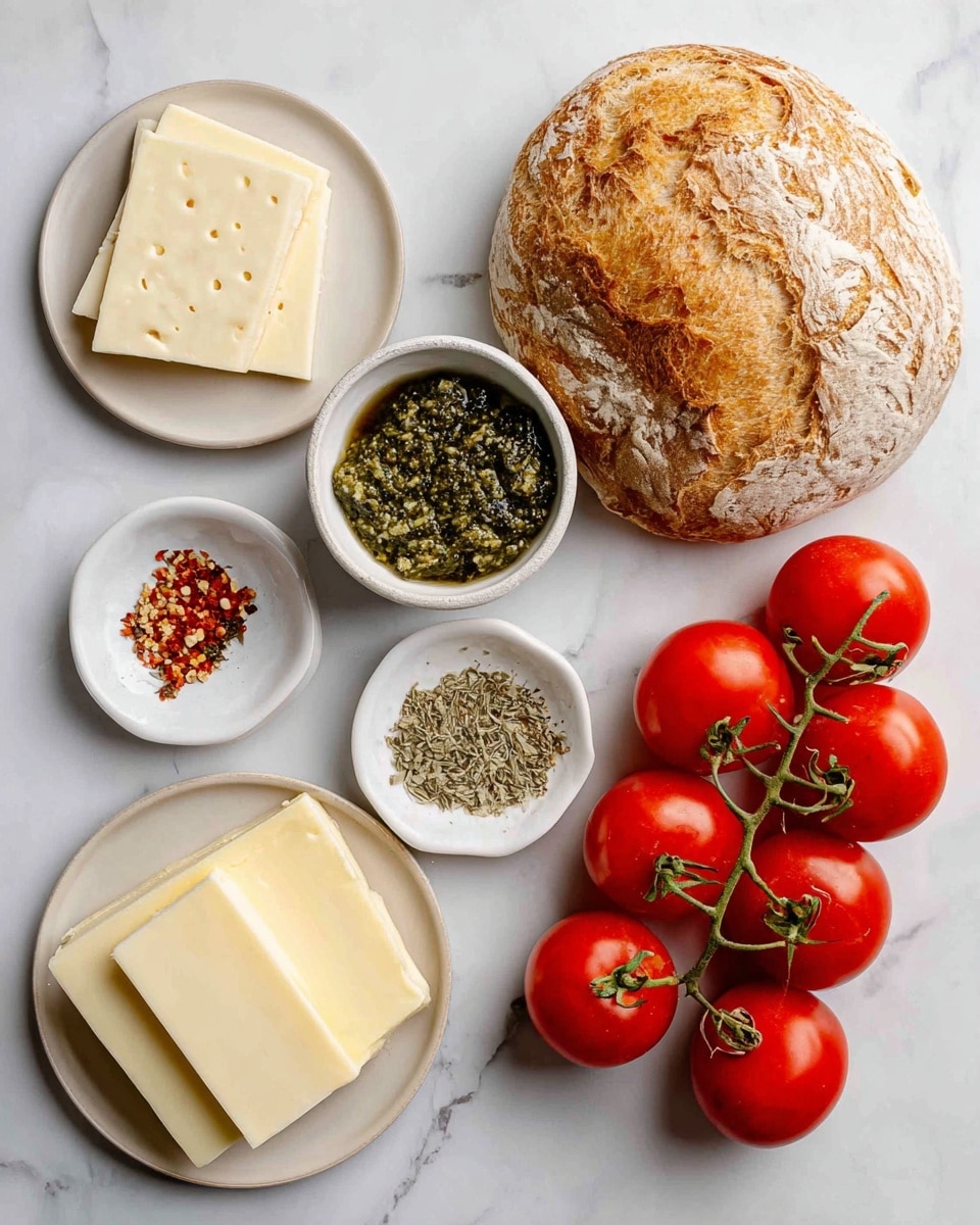 The image shows ingredients laid out on a white marbled surface with a round sourdough bread loaf in the top right corner, its crust golden and textured. Below the bread, there is a small white bowl filled with a green basil walnut pesto, coarse and fresh looking. To the left of the bowl, two square slices of pale pepper jack cheese with small red specks sit side by side. In the bottom left corner, a white plate holds several thick, pale yellow slices of butter, smooth and creamy. Next to the butter plate, there is another small white plate with scattered herbs: garlic cloves, red pepper flakes, and Italian seasoning, each distinct in color and texture. A cluster of bright red tomatoes attached to their vine lies at the bottom right, shiny and round. The scene is clean, simple, and well-lit, photo taken with an iphone --ar 4:5 --v 7