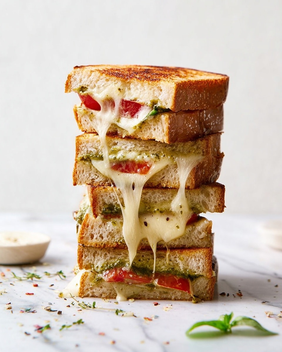 The image shows a tall stack of grilled sandwiches, cut into four thick pieces and piled unevenly. Each sandwich has a toasted golden-brown crust with a soft, slightly porous white bread inside. Between the layers, melted stretchy cheese drips down the sides, with bright red tomato slices adding a pop of color and green pesto spread visible on the bread. The sandwiches sit directly on a white marbled surface with scattered small herbs and spices around them, against a clean white background. The texture of the bread looks crisp on the outside and soft inside, with cheese oozing out and stringy between the slices photo taken with an iphone --ar 4:5 --v 7