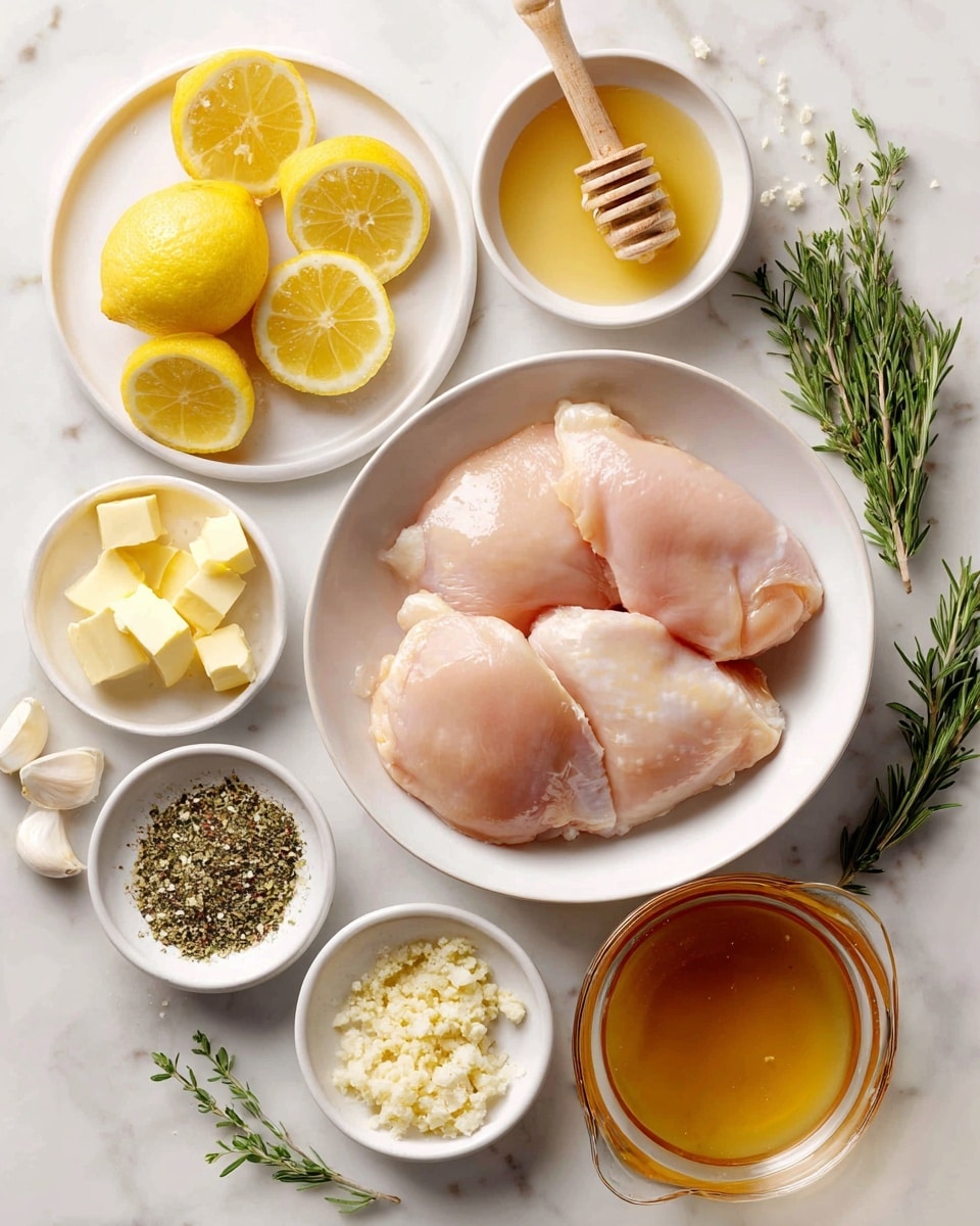 A top-down view of raw chicken on a white plate with three pale pink pieces, surrounded by small white bowls holding yellow butter cubes, minced garlic, salt, Italian seasoning, and black pepper. Next to the plate, there are lemon slices on a white plate and lemon halves near a white lemon squeezer. A small white bowl with honey and a wooden honey dipper rests nearby, along with a glass measuring cup filled with light golden chicken broth. Fresh green rosemary sprigs are placed on a white marbled surface under and around the ingredients. photo taken with an iphone --ar 4:5 --v 7