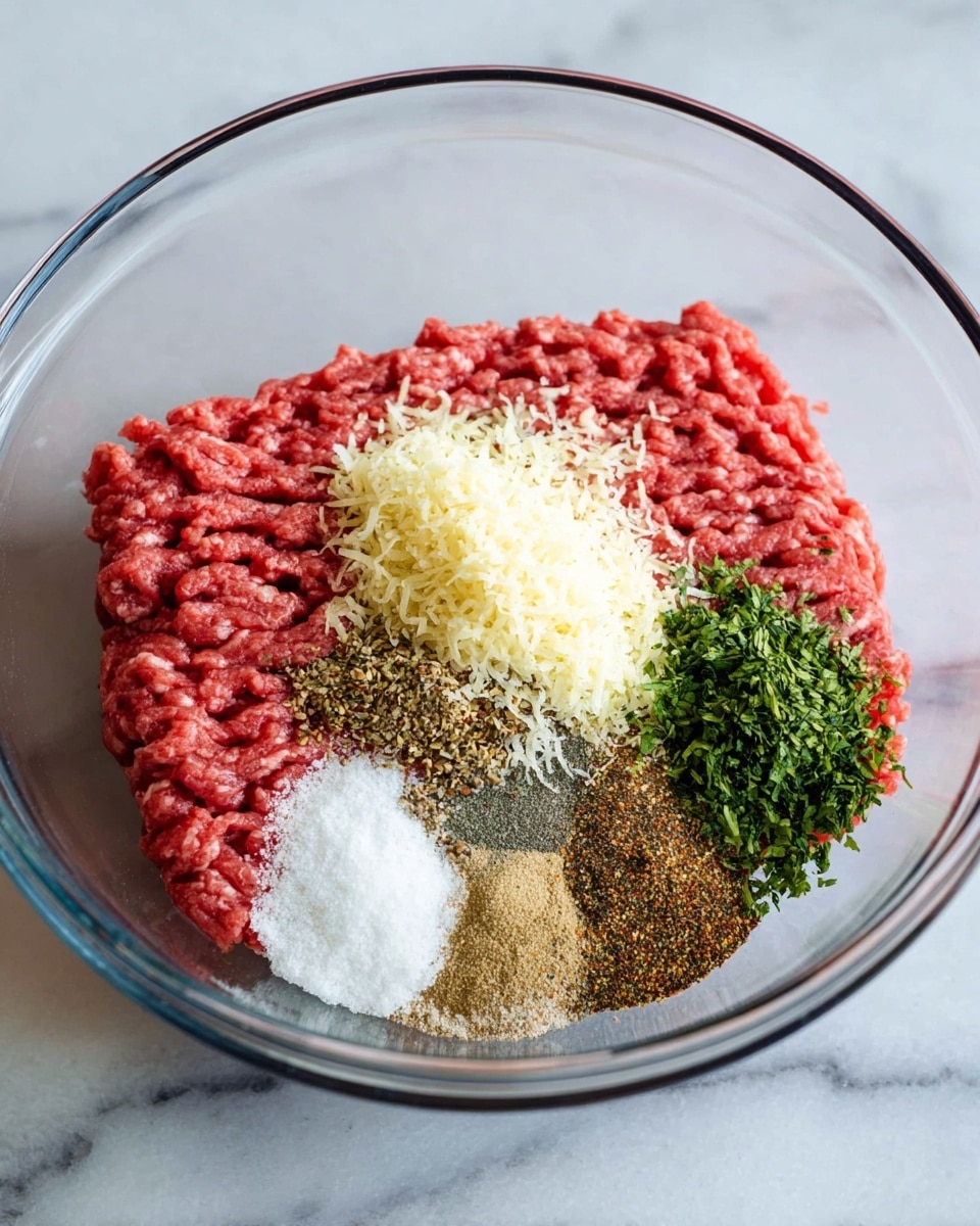 In a clear glass bowl on a white marbled surface, there is one large layer of bright red raw ground meat neatly shaped into a rectangle, covering about half the bowl. To the right of the meat, there are several small piles of dry ingredients layered closely together: a big mound of pale yellow grated cheese, a small green pile of chopped herbs, a brownish heap of dried spices, a small white pile of salt, and a mix of black and light brown spices. All ingredients are unmixed and clearly separated in the bowl. photo taken with an iphone --ar 4:5 --v 7