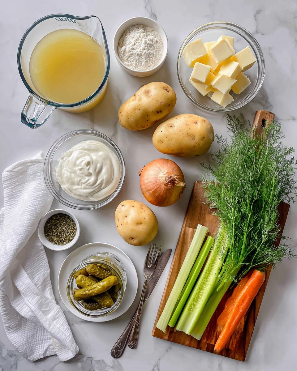 The image shows various fresh and prepared ingredients arranged neatly on a white marbled surface. There is a clear glass measuring cup filled with light yellow broth at the top left, next to two small white bowls holding white flour and pale yellow butter cubes. In the center, three medium-sized yellow potatoes and a brown onion are placed side by side. Just above them, a clear glass bowl filled with smooth white sour cream sits to the left. On the right, a small white plate holds a glass jar filled with pickles and some mushrooms, with one pickle placed on the plate alongside a small fork. At the bottom left, a white cloth napkin is slightly folded next to a small container of dried green dill with a small silver spoon inside. On a wooden cutting board at the bottom right, two long green celery sticks, one orange carrot, and a bunch of fresh green dill are arranged in a row. The scene is softly lit and organized for clarity, photo taken with an iphone --ar 4:5 --v 7