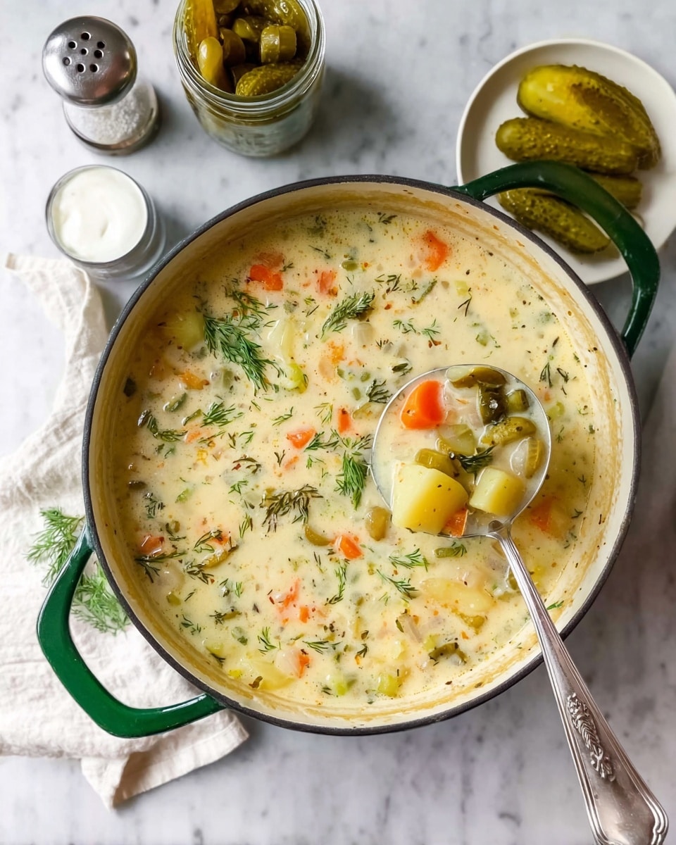 The image shows a large round green-handled pot filled with creamy soup. The soup has a thick layer of light beige broth with visible chunks of orange carrots, light yellow potatoes, green pickles, and small sprigs of fresh dill scattered on top. A silver ladle dips into the soup, lifting a portion filled with vegetables and broth. The pot sits on a white marbled surface with a white cloth napkin partly visible beneath it. Nearby, there is a small white plate holding a jar of pickles and one whole pickle, plus a small white bowl of sour cream. Salt and pepper shakers are seen at the upper left of the frame. Photo taken with an iphone --ar 4:5 --v 7