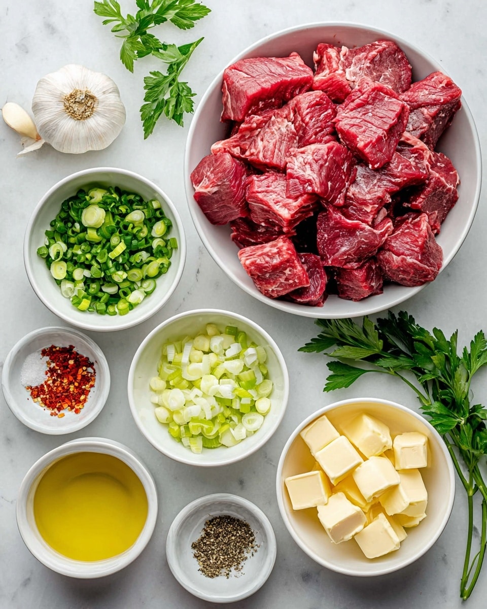 A collection of ingredients arranged on a white marbled surface includes one large white bowl filled with raw red beef chunks showing marbled fat, surrounded by smaller white bowls holding diced butter, chopped fresh green herbs, sliced green onions, minced garlic, olive oil, salt, black pepper, and red chili flakes. The items are spaced neatly with some parsley leaves scattered around the bowls, creating a fresh and prepared-for-cooking look. Photo taken with an iphone --ar 4:5 --v 7