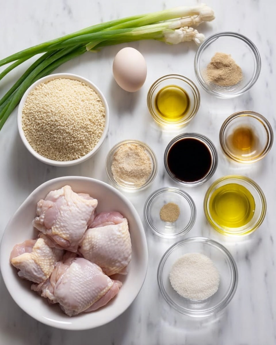The image shows a white bowl with raw chicken thighs, soft pink in color, placed on the lower left side. Surrounding it are several small clear glass bowls and a white bowl with light brown uncooked rice. There is a whole egg near the top center along with fresh green onions and a small piece of fresh ginger. The small glass bowls contain clear oil, dark soy sauce, light brown sugar, a yellow liquid, water, salt and pepper, white sesame seeds, and white powder. All items are arranged neatly on a white marbled surface with soft lighting. photo taken with an iphone --ar 4:5 --v 7