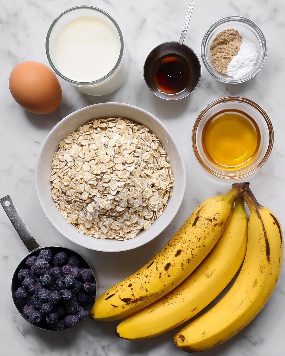 A white bowl filled with light beige rolled oats sits on a white marbled surface, next to three whole yellow bananas with spots of brown. Nearby, a clear glass of white milk and a small clear bowl of golden honey are placed side by side. There is a small bowl with white powder and brown powder mixed inside it, and next to it, a tiny clear bowl with dark brown liquid. An egg with a light brown shell is positioned close to a metal measuring cup full of frozen dark blue berries. All items rest on the white marbled surface photo taken with an iphone --ar 4:5 --v 7