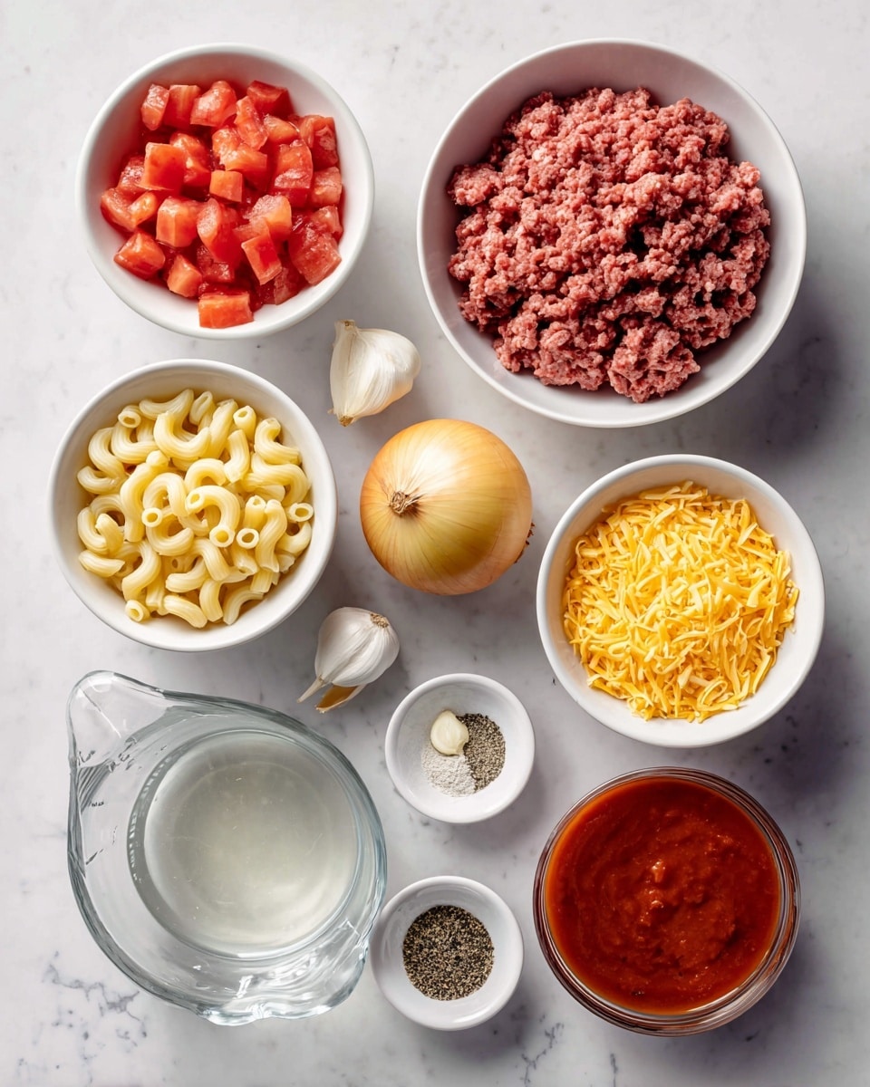 The image shows a white marbled surface with several white bowls and a glass arranged neatly, each holding different ingredients for cooking. At the top right, there is a white bowl filled with raw ground beef, next to a whole yellow onion placed directly on the surface. To the left, a white bowl contains diced tomatoes with a bright red color. Below the ground beef, a white bowl holds uncooked elbow macaroni, its pale yellow and curved shapes filling the bowl. Near the macaroni, a smaller white bowl is filled with shredded cheddar cheese in an orange shade. To the right of the cheese, a glass is filled with red pasta sauce. Below the glass is a clear measuring cup with hot water. Near the bottom center, a small white bowl holds different seasonings, showing black and white granular textures. Finally, two cloves of garlic lay at the bottom on the surface. Everything is well spaced and clearly visible. Photo taken with an iphone --ar 4:5 --v 7