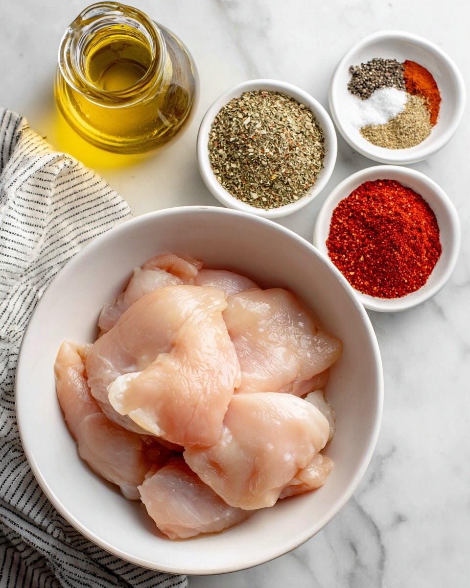 The image shows a white bowl at the bottom with several pieces of raw chicken, pale pink in color and smooth in texture, layered inside. Above the bowl to the right is a small white bowl containing four piles of dry seasonings: light brown seasoned salt, dark black pepper, bright red paprika, and a mix of green and brown Italian seasoning, each clearly separated. To the left above the bowl of chicken is a bottle filled with yellow oil, shining slightly. The background is a white marbled texture with a white and gray striped cloth on the left edge.  photo taken with an iphone --ar 4:5 --v 7