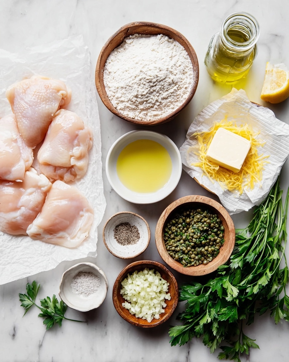 The image shows raw chicken pieces placed on white parchment paper on the left side. Next to them, there are several small bowls and containers arranged neatly on a white marbled surface. There is a wooden bowl filled with white flour, a small white bowl with light yellow oil, a tiny bowl with salt and pepper mix, and a wooden bowl containing green capers. Above, there is a small glass jar filled with a clear yellowish liquid, and next to it, a wrapped stick of butter with a few slices cut off. Three small wooden bowls hold lemon zest, minced garlic, and finely chopped shallots. Fresh green parsley leaves are scattered on the right side, adding a vibrant green contrast to the image. Photo taken with an iphone --ar 4:5 --v 7