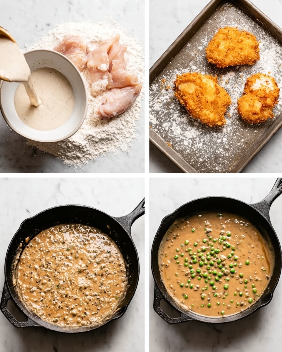 The image shows four small photos arranged in a square, all with a white marbled background. The top left photo features raw chicken pieces, one being dipped in a white flour bowl while two others rest on the side on a metal tray dusted with flour. The top right photo shows three golden brown chicken pieces frying in a black cast iron pan with a textured, crispy surface. The bottom left photo depicts a thick, light brown sauce with bits of cooked chicken or onions bubbling in the same black cast iron pan. The bottom right photo shows the same sauce but with small green peas added, spread evenly across the surface in the pan. photo taken with an iphone --ar 4:5 --v 7
