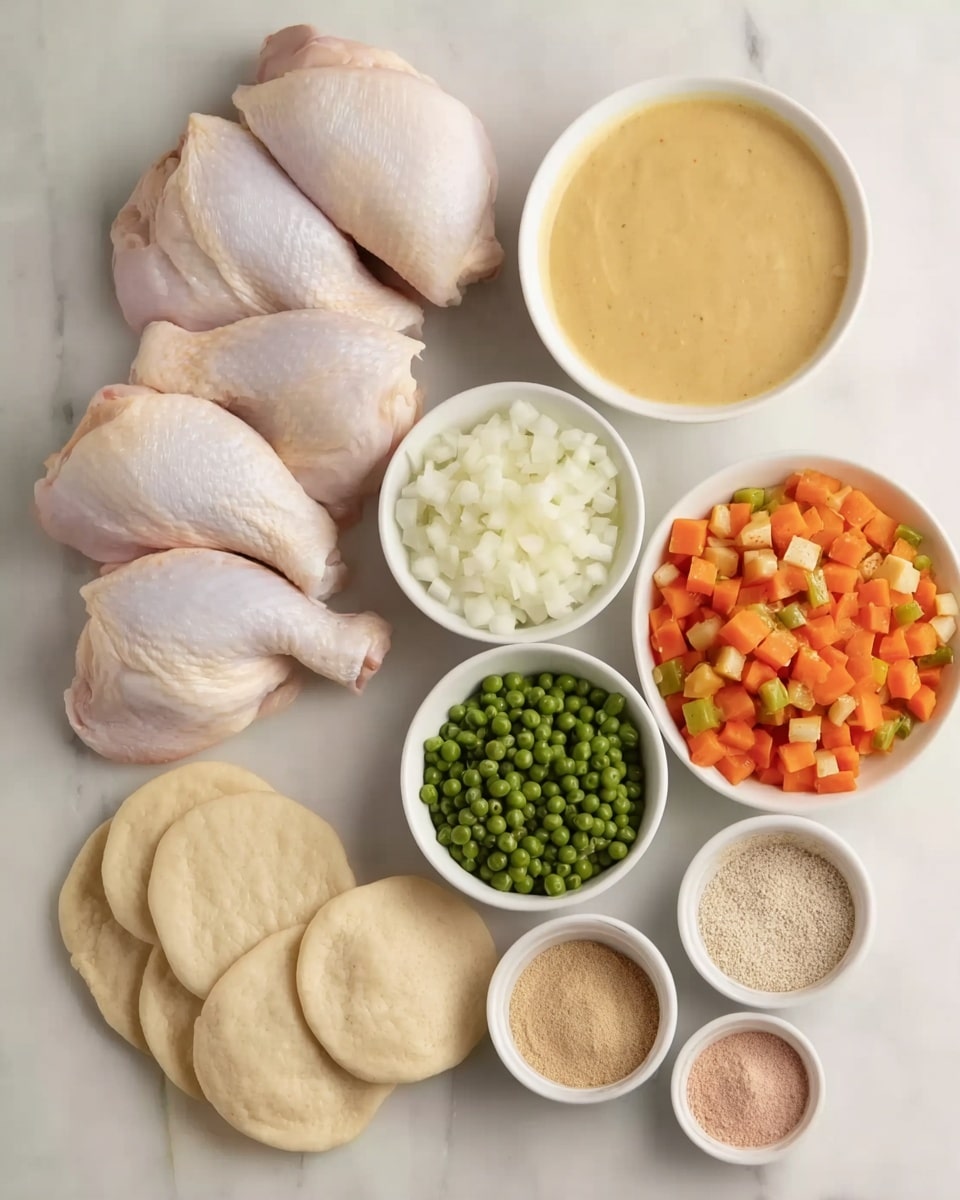 The image shows several white bowls and plates arranged on a white marbled surface. In the top left corner, four raw chicken parts are placed directly on the surface. Next to them, on the right, is a white bowl filled with smooth, light yellow sauce. Below the chicken, a small white bowl contains chopped white onions. To the right of the onions is a larger white bowl filled with a colorful mix of diced orange carrots and green peas. Below the onions and vegetable bowls, there are two small white bowls; one contains a mix of beige and brown powders, and the other has a mix of light pink and darker seasoning powders. On the bottom of the image, two rows of round, flat, beige dough pieces are arranged, each row curving slightly. Photo taken with an iphone --ar 4:5 --v 7