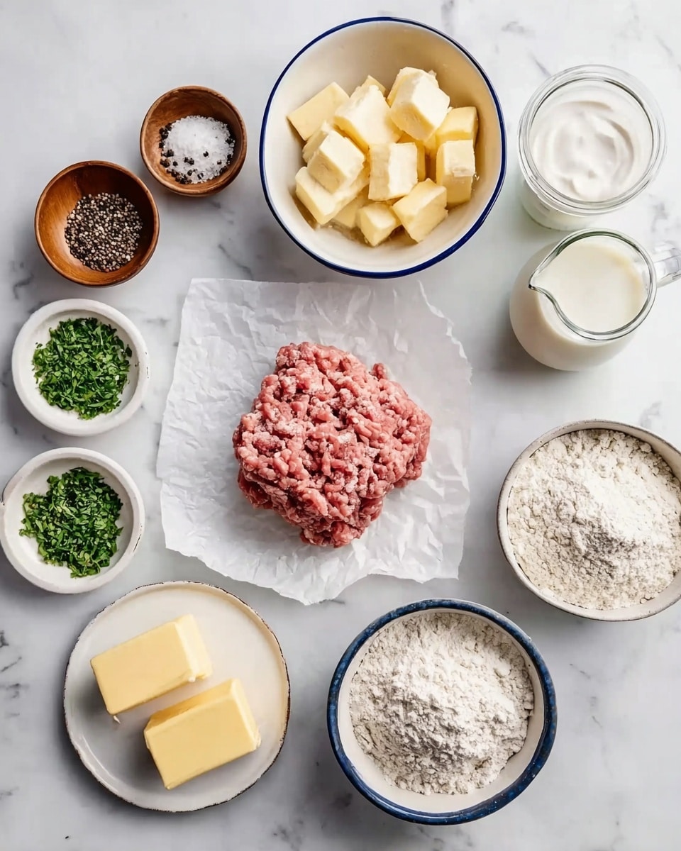 A collection of baking ingredients is nicely arranged on a white marbled surface, centered around a pile of raw ground meat on a piece of parchment paper. Surrounding it are various small white bowls filled with flour, chopped green herbs, and spices, plus a white plate with two square pieces of butter. To the left are wooden and ceramic bowls holding black pepper, salt, and other seasonings, along with a blue-rimmed white bowl filled with butter pieces. On the right side, there are a glass jug with milk, a glass jar with cream, and a white bowl with more flour. The overall setup is clean and neat, showing all ingredients clearly for a cooking recipe. photo taken with an iphone --ar 4:5 --v 7