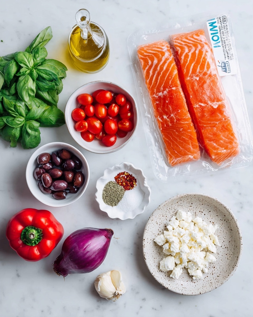 The image shows several ingredients arranged neatly on a white marbled surface, including a clear package containing bright orange salmon fillets with visible white lines, placed at the top right. To the left, there is a small bunch of fresh green basil leaves and a glass bottle with golden yellow olive oil. Surrounding the salmon are small white bowls and plates: one with bright red halved cherry tomatoes, another with crumbled white feta cheese, a third with dark purple sliced olives, and a speckled plate holding half a bright red bell pepper, a quarter purple onion, and a single garlic clove. A small white scalloped dish holds three separate piles of white salt, green dried herbs, and red pepper flakes. The clean, organized setup uses a simple and clear color contrast between the white dishes and the colorful ingredients, photo taken with an iphone --ar 4:5 --v 7