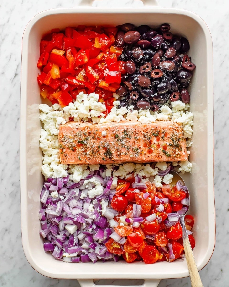 A white rectangular dish with three layers shown: the first layer has five sections of fresh ingredients neatly placed—bright red chopped bell peppers in the top left, dark purple sliced olives in the top right, white crumbled cheese in the center, bright red chopped cherry tomatoes in the bottom right, and chopped purple onions in the bottom left; the second layer shows all these ingredients mixed together, creating a colorful mix of red, purple, black, and white pieces with a spoon stirring them on the right side; the third layer has the same mixed ingredients spread evenly in the dish with a pinkish-orange seasoned piece of salmon placed in the center on top, sprinkled with light seasoning flakes, all set on a white marbled surface photo taken with an iphone --ar 4:5 --v 7