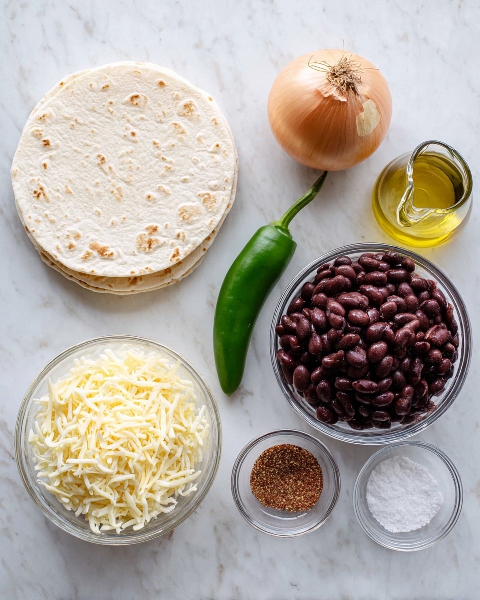 The image shows ingredients for a recipe laid out on a white marbled surface. On the left, there are four folded white tortillas stacked together. Next to them is a whole green chili pepper placed vertically. To the right of the chili is a whole light brown onion with its root end visible. Above the onion is a small glass container with yellow oil and a spout. Below the onion is a clear bowl filled with finely shredded pale yellow and white cheese. Above the cheese is a larger clear bowl filled with dark red cooked beans. To the right of the cheese is a small clear bowl with brown seasoning powder, and to the left of it is another small clear bowl with white salt. The items are arranged neatly with a clean, bright look. photo taken with an iphone --ar 4:5 --v 7