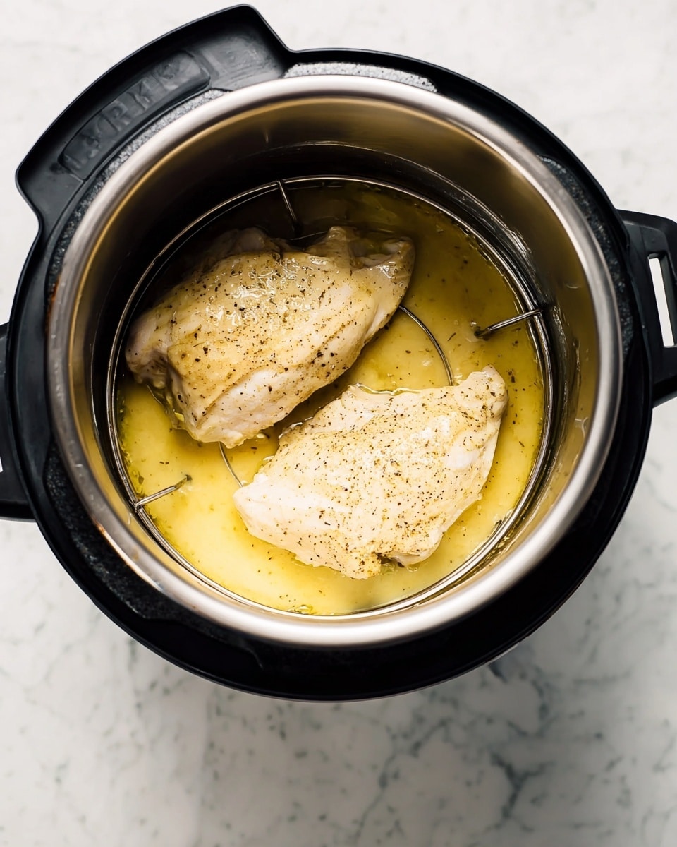 Two cooked chicken pieces rest inside a black inner pot of a pressure cooker, sitting slightly raised on a metal rack. The chicken is pale with a light seasoning of black pepper and surrounded by a thin layer of thick, yellow creamy sauce. The pot is open, showing its shiny metallic interior with the black rim visible at the top. The whole setup is placed on a white marbled surface. photo taken with an iphone --ar 4:5 --v 7