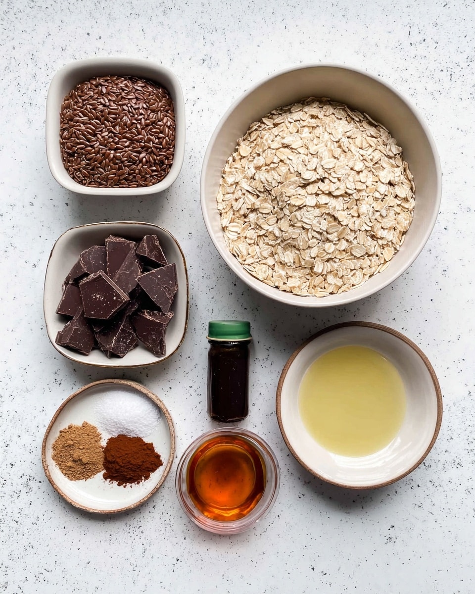 The image shows seven white bowls and containers arranged on a white marbled texture surface. The largest bowl on the right is filled with light beige rolled oats with a rough texture. Above it, a smaller round bowl contains shiny, dark brown flaxseeds. To the left of the flaxseeds, there is a square bowl filled with fine dark brown cocoa powder. Above that, another round bowl holds uneven pieces of dark chocolate chunks. At the bottom left, a small round plate is divided into two parts with white salt and brown cinnamon powder. Next to it is a small glass jar containing amber-colored honey. Beside the jar is a white bowl filled with smooth, pale yellow oil. A dark brown glass bottle with a green cap lies next to the oil bowl, adding contrast to the light colors around it. photo taken with an iphone --ar 4:5 --v 7
