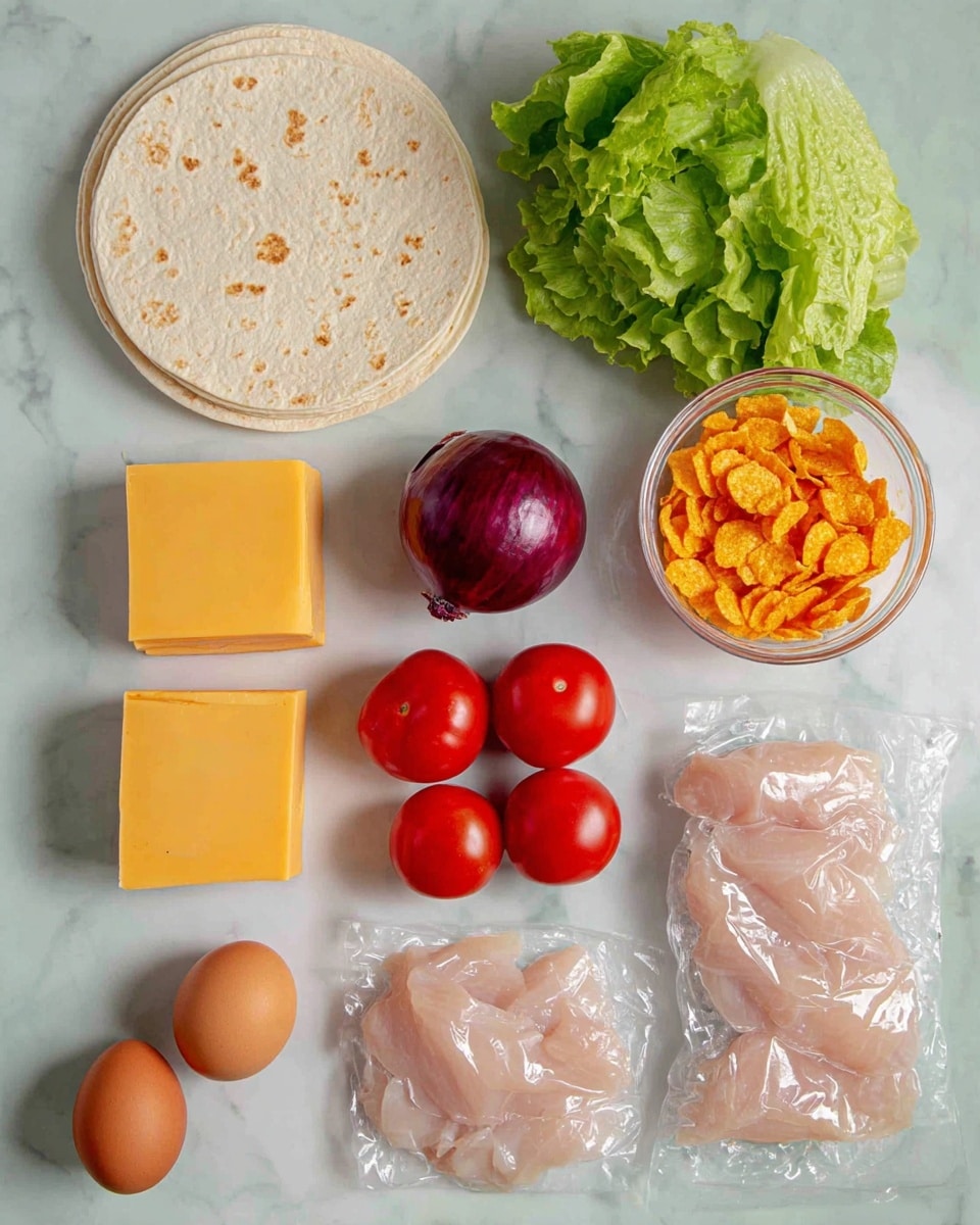 A flatlay of fresh ingredients on a white marbled surface includes a stack of pale beige tortilla wraps in the top right, a bunch of round, bright green lettuce leaves in the top left, a whole deep red onion just below the lettuce, and a clear bowl filled with orange cornflakes to the right of the onion. Near the center is a stack of two square yellow cheese slices, while below them are six small, round, and shiny red tomatoes grouped together. On the lower right, three pale pink chicken fillets sit packaged in clear plastic. Two brown eggs rest at the bottom left. All items are clearly visible with natural lighting and no shadows, photo taken with an iphone --ar 4:5 --v 7