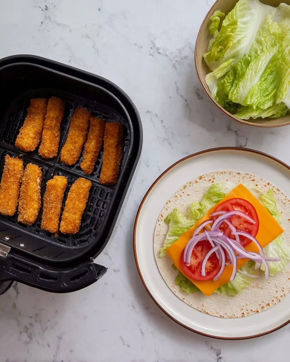 The image shows two parts: on the left is a black air fryer basket with six golden brown crispy strips arranged inside. On the right, there is a white plate with a plain tortilla topped with a layer of green lettuce, two slices of red tomato placed side by side, two slices of orange cheese, and thinly sliced purple onion rings on top. There is also a bowl with more green lettuce next to the plate. The whole setup is on a white marbled surface. photo taken with an iphone --ar 4:5 --v 7