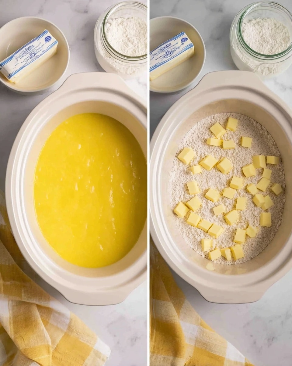 The image shows a white slow cooker from a top view in two side-by-side photos. In the left photo, the slow cooker contains a smooth, bright yellow creamy layer evenly spread to cover the whole bottom. In the right photo, the slow cooker is filled with a layer of pale flour topped with small cubes of light yellow butter, scattered evenly across the surface. Around the slow cooker, there is a white butter stick with blue label, a bowl of flour, and part of a glass jar, all placed on a white marbled surface with a yellow and white cloth in the background. Photo taken with an iphone --ar 4:5 --v 7