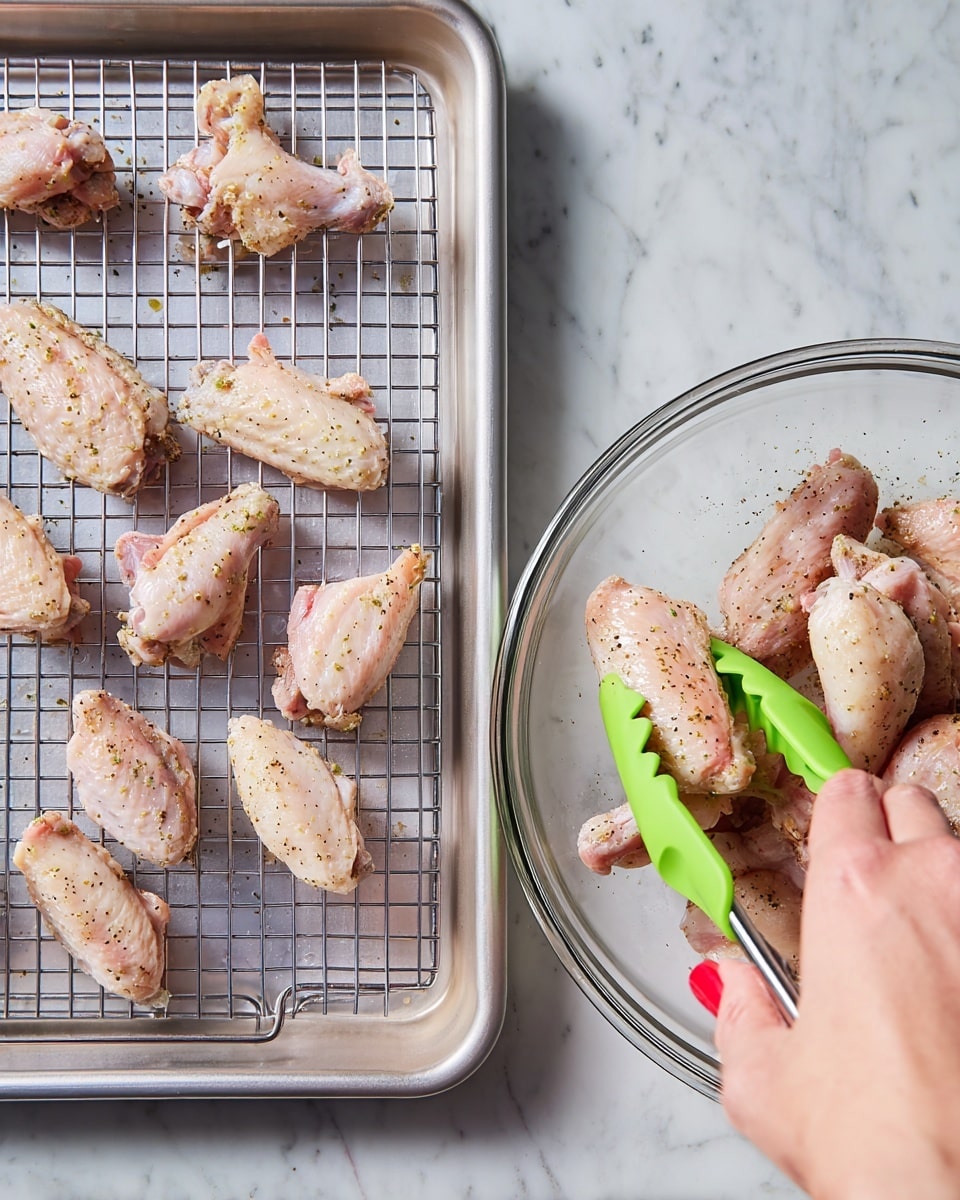 The image shows a clear glass bowl on the right filled with raw chicken wings coated with a light pepper seasoning. A woman's hand with bright red nail polish is using green silicone-tipped tongs to pick up one chicken wing from the bowl. On the left side, there is a large silver baking tray with a wire rack placed on top. Several chicken wings are spaced out on the wire rack, ready for cooking, showing light pink skin with specks of black pepper. All this is set on a white marbled surface. photo taken with an iphone --ar 4:5 --v 7