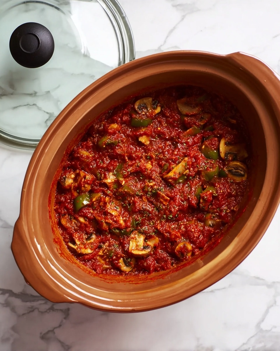 A brown clay pot filled with a thick red tomato sauce, filled with sliced white mushrooms, green bell pepper pieces, and visible herbs spread throughout. The sauce has a chunky texture with bits of vegetables and sauce layers blending together. The pot is set on a white marbled surface, and to the left of the pot is a glass lid with a black knob resting on the marble. The pot is viewed from the top in bright natural light, showing all the colorful ingredients inside clearly. photo taken with an iphone --ar 4:5 --v 7