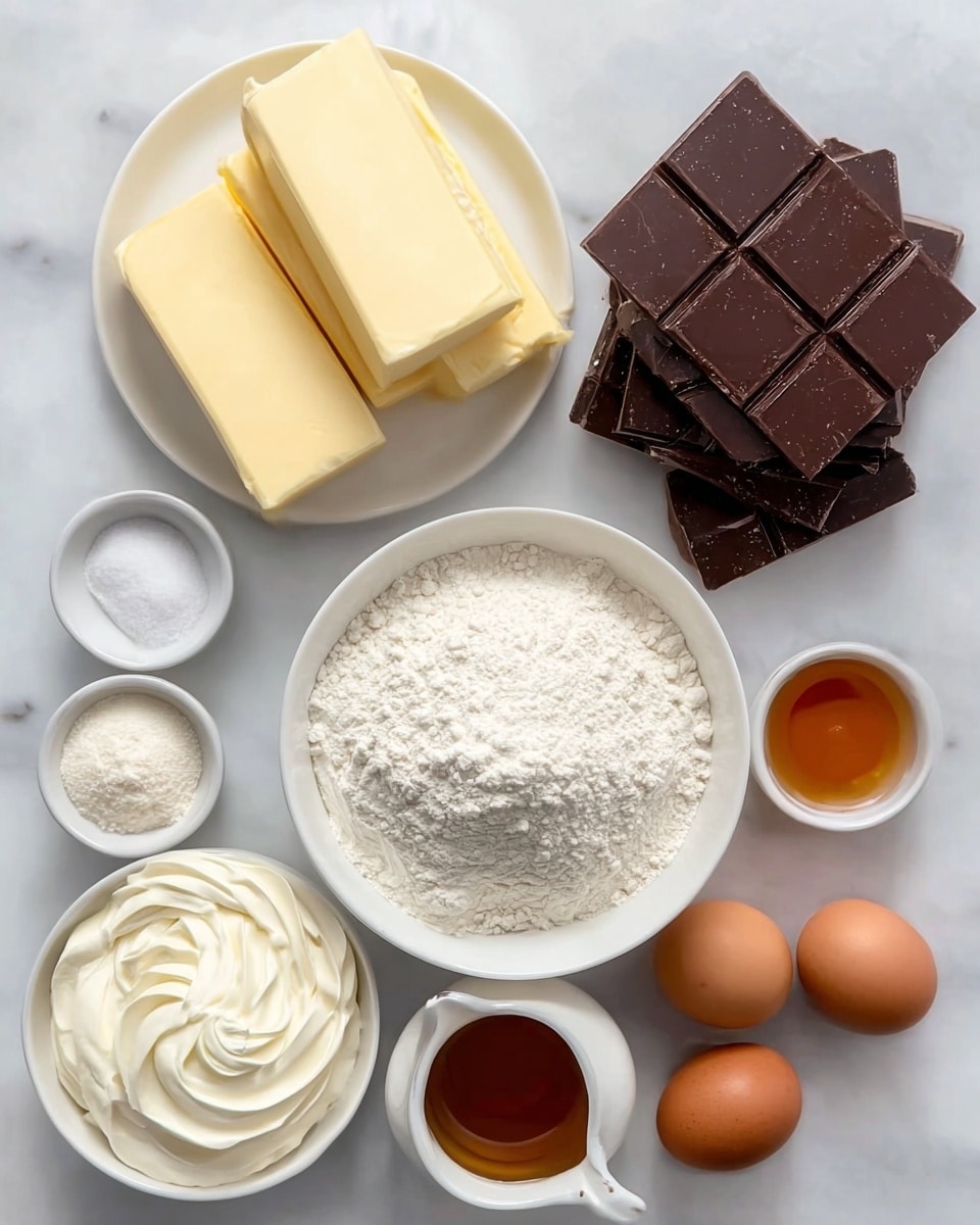 The image shows a white round plate with three blocks of pale yellow butter stacked side by side on the left side, next to a pile of dark brown chocolate squares on the right. Below them, there is a white bowl filled with fine white flour with a slightly rough texture. Around the bowl are six smaller white containers: one with fine white granulated sugar, one with a light brown powder, another with thick white cream swirled in a small bowl, a small pitcher with amber liquid, and three brown eggs with smooth shells placed beside each other. All items rest on a white marbled surface. photo taken with an iphone --ar 4:5 --v 7