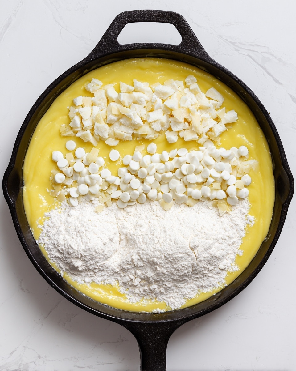 A black cast iron pan sits on a white marbled surface, filled with four layers from top view. The first layer is a smooth, bright yellow custard, evenly spread across the pan. The second layer adds small white chunks scattered on the custard. The third layer adds a mix of white chunks and many small white round pieces evenly spread on the yellow custard. The final layer covers all previous layers with a thick, fine white powder, fully covering the surface. photo taken with an iphone --ar 4:5 --v 7