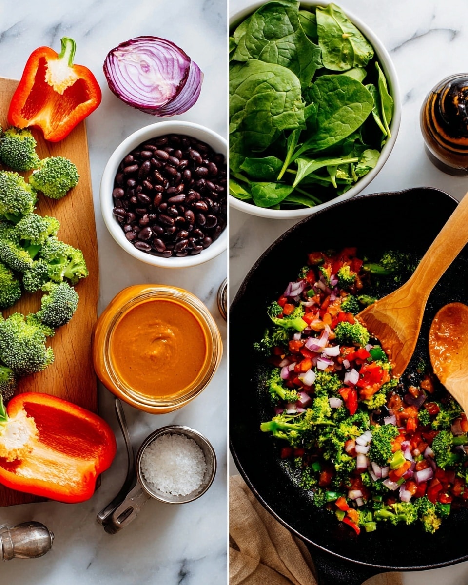The image shows two parts: on the left, ingredients on a white marbled surface including a wooden board with broccoli pieces, a halved red onion, and two halves of a red bell pepper. Nearby, there is a white bowl filled with black beans, a white bowl full of fresh green spinach leaves, a glass jar of thick orange sauce with a silver spoon inside, a small metal cup with dark oil, a pepper grinder, and some grated white cheese. On the right, a black cast-iron pan is placed on the same white marbled surface, with a wooden spoon stirring a colorful mix of chopped red bell pepper, green broccoli florets, and diced onions. Photo taken with an iphone --ar 4:5 --v 7