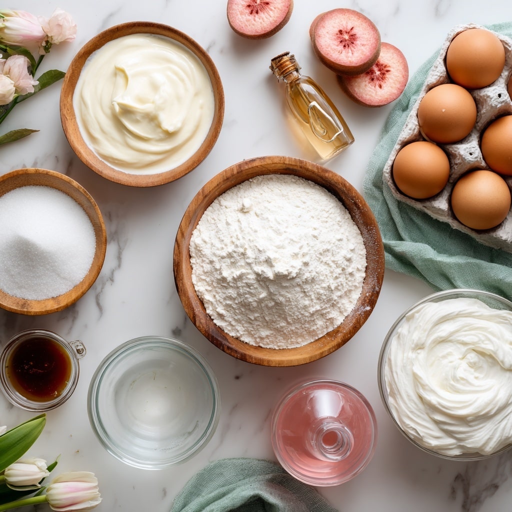 The image shows a top view of many baking ingredients arranged on a white marbled surface. In the center, there is a wooden bowl filled with white flour. Around it, there is a white bowl with creamy white yogurt at the top left, a wooden bowl with white sugar at the bottom left, and a glass bowl with whipped white cream at the bottom right. There is also a small white dish with brown vanilla extract near the center bottom. At the center right, a glass bottle with pink liquid lies flat. To the top right, three brown eggs rest in a white carton on a soft green cloth, next to two halves of a pink-fleshed fruit. At the bottom left, there is a glass of water, and near the center left, a small white dish with clear liquid. A wooden bowl with white powder (cornstarch) is near the top right beside the glass bottle. The setting looks clean and bright. photo taken with an iphone --ar 4:5 --v 7