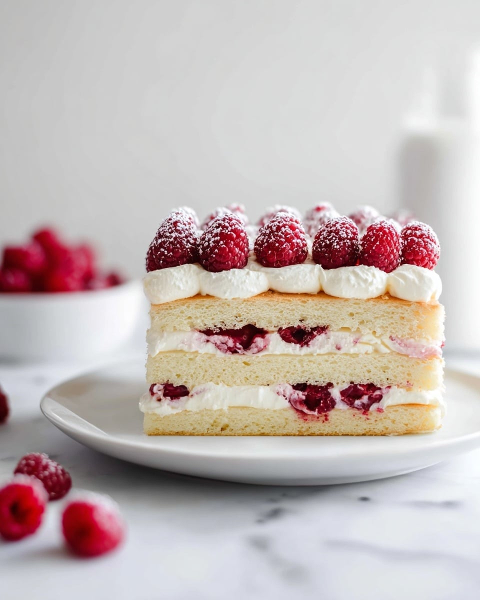A layered dessert with three layers of light beige sponge cake, each separated by thick white cream mixed with red raspberry filling. The top layer is covered with a row of fresh red raspberries, some dusted lightly with white powder. The dessert is placed on a simple white plate on a white marbled surface, with out-of-focus raspberries and a white container in the background. Photo taken with an iphone --ar 4:5 --v 7