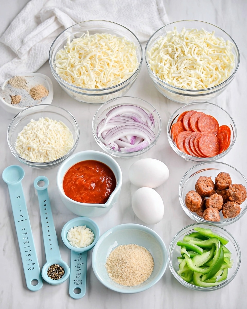 The image shows a white marbled surface with several small white and clear bowls neatly arranged, each containing different pizza ingredients. In the back, two large clear bowls hold shredded mozzarella cheese and shredded mozzarella with cheddar cheese mixed. In the front row from left to right, there is a light blue measuring cup with red pizza sauce, a clear bowl with thin slices of pepperoni, a clear bowl with sliced red onions, a white bowl filled with light brown breadcrumbs, a clear bowl with cream cheese, a light blue bowl with small cooked sausage pieces, and a clear bowl with sliced green bell peppers. There is also a whole white egg, three small light blue measuring spoons with various spices, and a small light blue measuring cup filled with grated Parmesan cheese. The light blue measuring cups and spoons have a modern, clean design. The setup is bright and organized, with a white cloth partially visible in the top left corner. Photo taken with an iphone --ar 4:5 --v 7