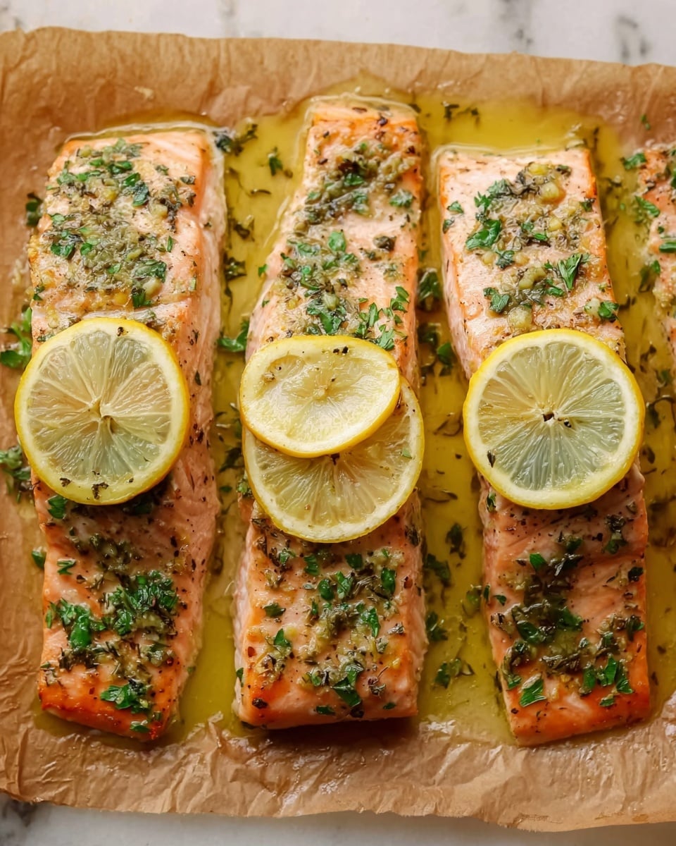 Four pieces of cooked salmon fillets are laid out in a row on brown parchment paper placed on a white marbled surface. Each salmon piece has a light golden, slightly flaky color with green herbs sprinkled on top and is topped with a thin, round slice of bright yellow lemon. A glossy sauce or oil with herbs is spread around and beneath each fillet, adding a shiny texture and a fresh look to the dish. Photo taken with an iphone --ar 4:5 --v 7