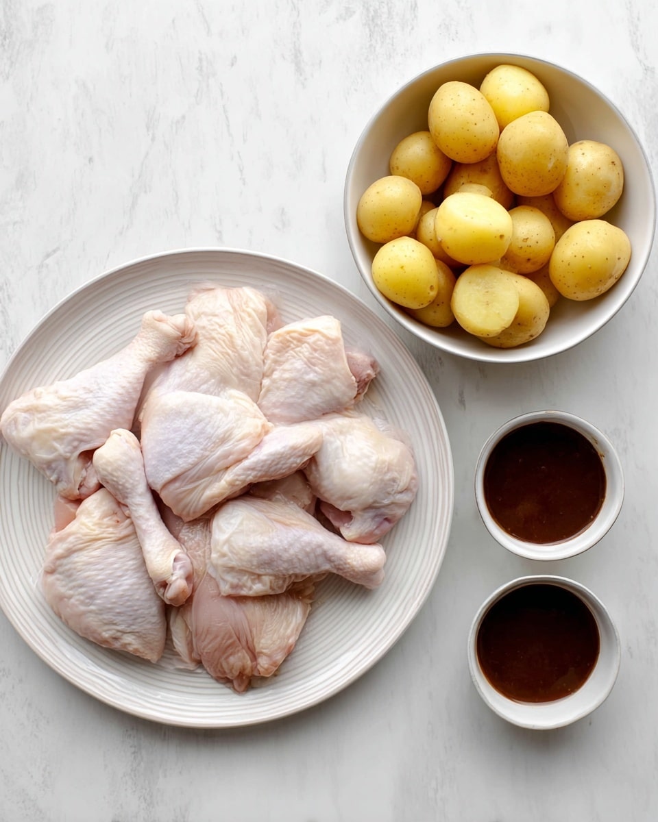 The image shows three white dishes on a white marbled surface. The largest dish, on the left, holds raw chicken pieces with pale pink skin and some white fat, arranged loosely. On the top right, a white bowl is filled with small yellow potatoes, some whole and some cut in halves with smooth surfaces. Below it, a small white bowl contains a dark brown sauce with a shiny texture. Photo taken with an iphone --ar 4:5 --v 7