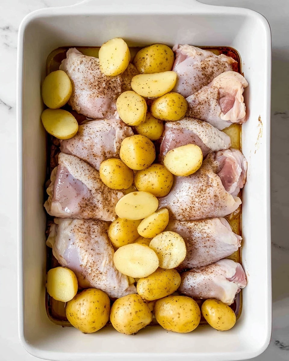 A white rectangular baking dish filled with six pieces of raw chicken on the bottom layer, each piece lightly seasoned with a sprinkle of dark spices, showing pale pink skin and some texture from seasoning; the second layer is made of many small yellow baby potatoes, some whole and some sliced in halves, scattered unevenly on top of the chicken, with specks of seasoning on their smooth skins. The dish sits on a white marbled surface. Photo taken with an iphone --ar 4:5 --v 7
