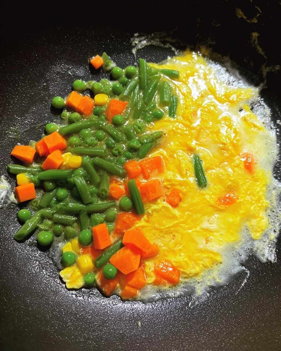 This image shows a black pan with two main sections: on the right side, there is a layer of yellow beaten eggs with some white parts mixed in, appearing slightly runny and spread out; on the left side, there is a collection of bright green beans, small green peas, orange carrot cubes, and a few yellow corn kernels, all partially cooked and mixed together. The pan has a textured surface with light reflections around the food. photo taken with an iphone --ar 4:5 --v 7